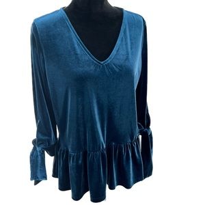Halogen Velour Ruffle Peplum Blouse Blue V-Neck Hi-Low Tie Sleeve Size Medium